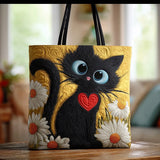 Bolso de Gato Negro Hecho a Mano con Corazón y Margaritas