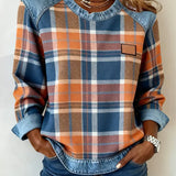 Mia | Women's Round Neck Denim Patchwork Pullover