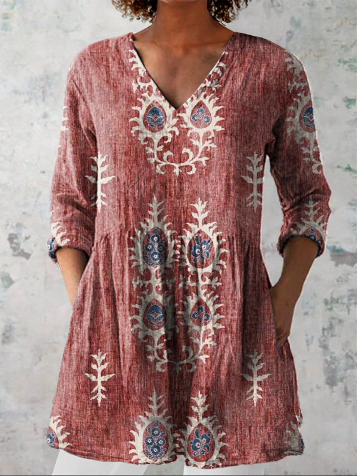 Roisin V Neck Long Blouse - Charlotte & Willow, side view