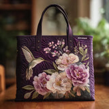 Bolsa Tote Acolchada Morada con Colibríes y Orquídeas