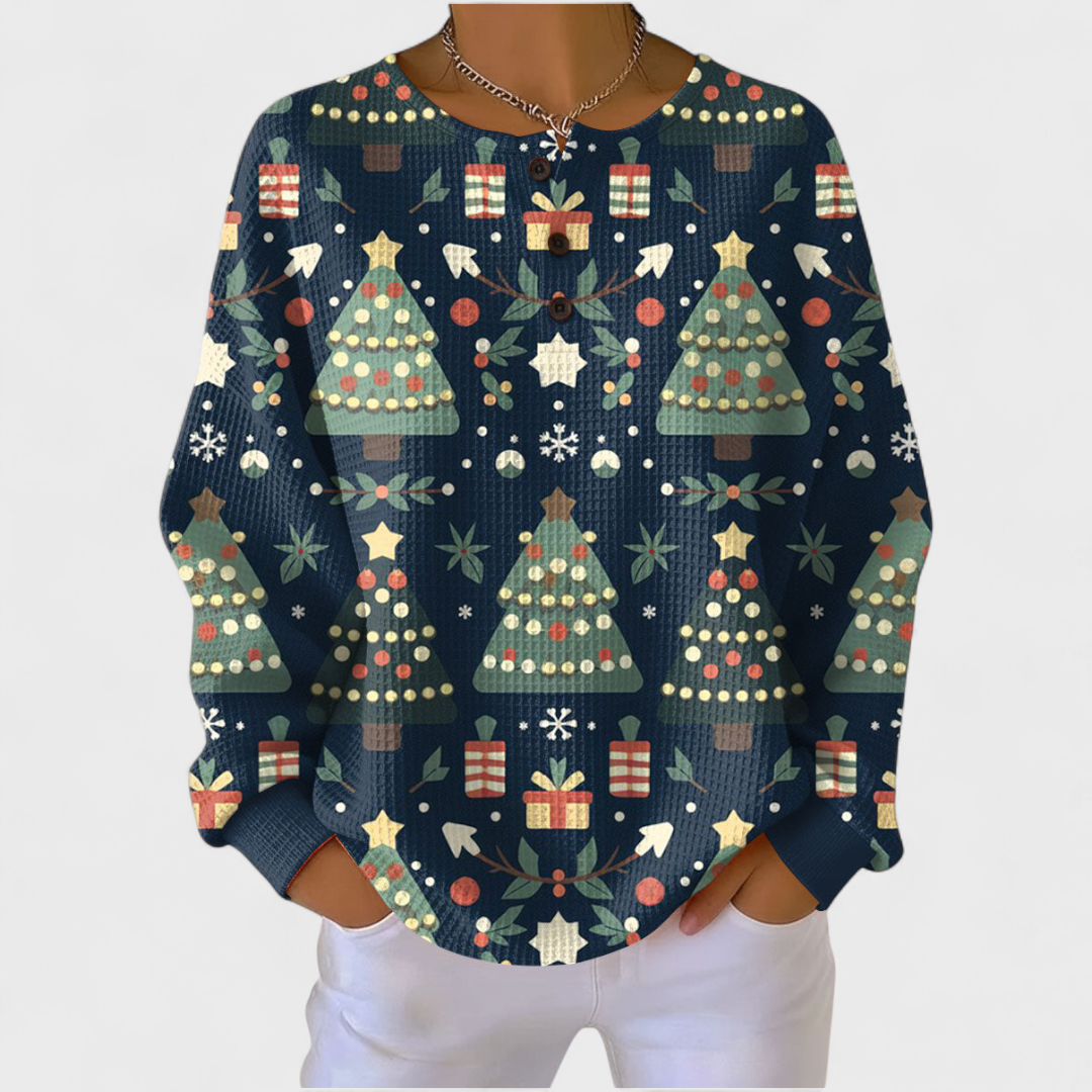 Bláthnaid Navy Blue Christmas Tree Pattern Jumper - Charlotte & Willow