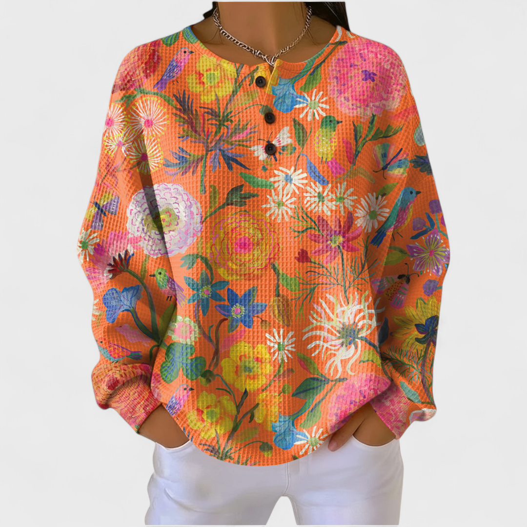 Róisín Vibrant Orange Jumper with Colourful Floral Design - Charlotte & Willow