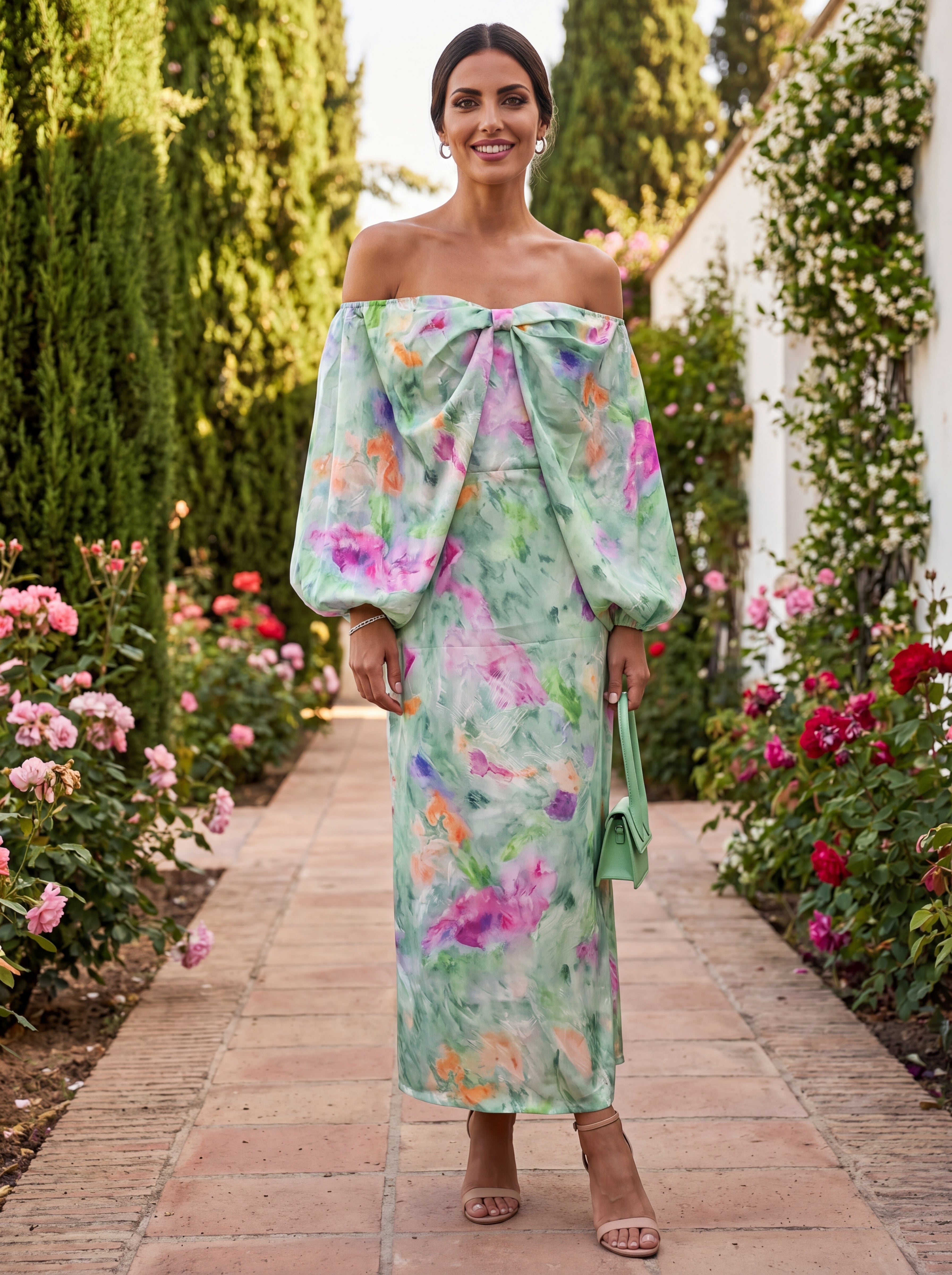 Clodagh Watercolour Print Off Shoulder Dress - Charlotte & Willow