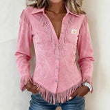 Lydia │ Fringe Suede Button-Up Blouse