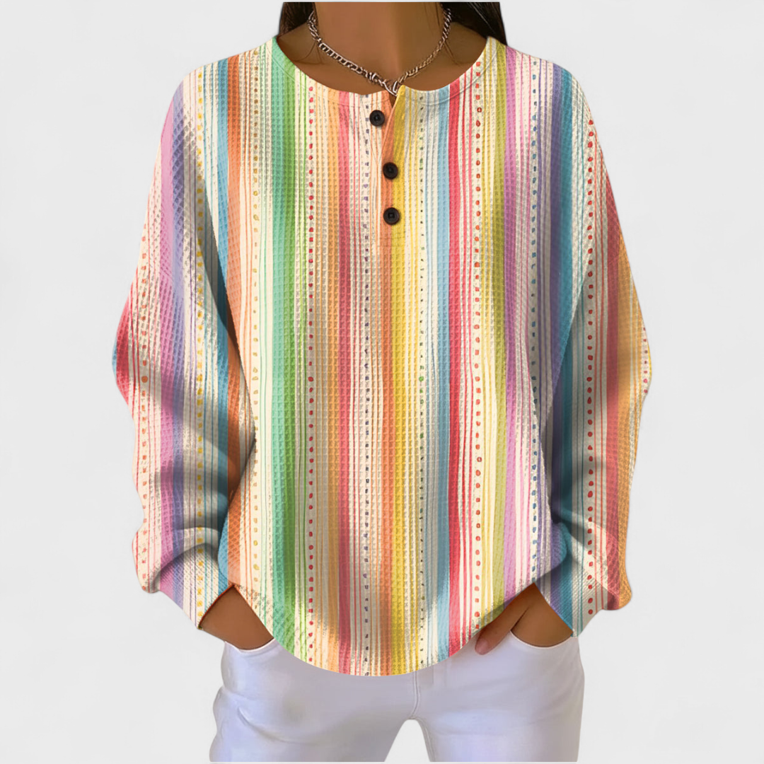 Laoise Striped Jumper with Colourful Design and Button Detail - Charlotte & Willow