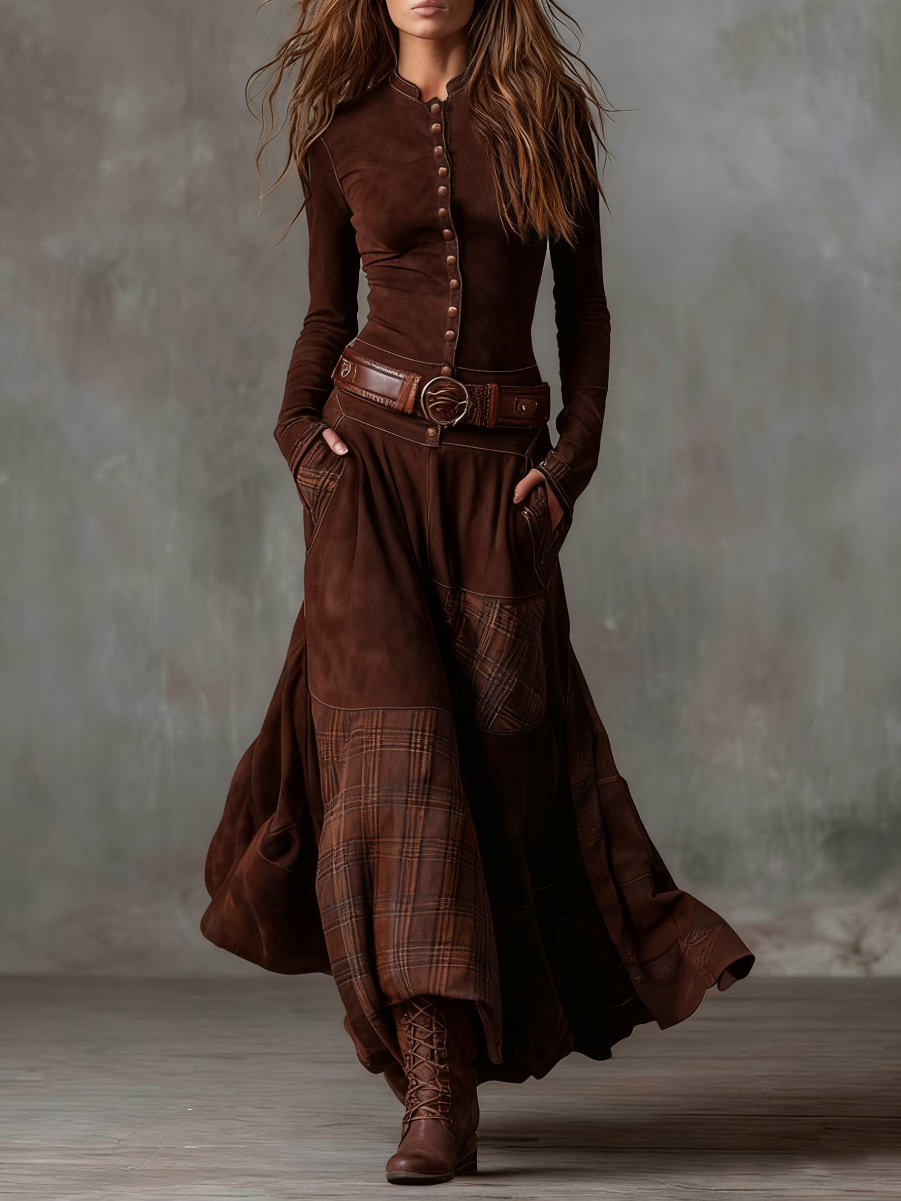 Stella | Checked Suede Maxi Dress