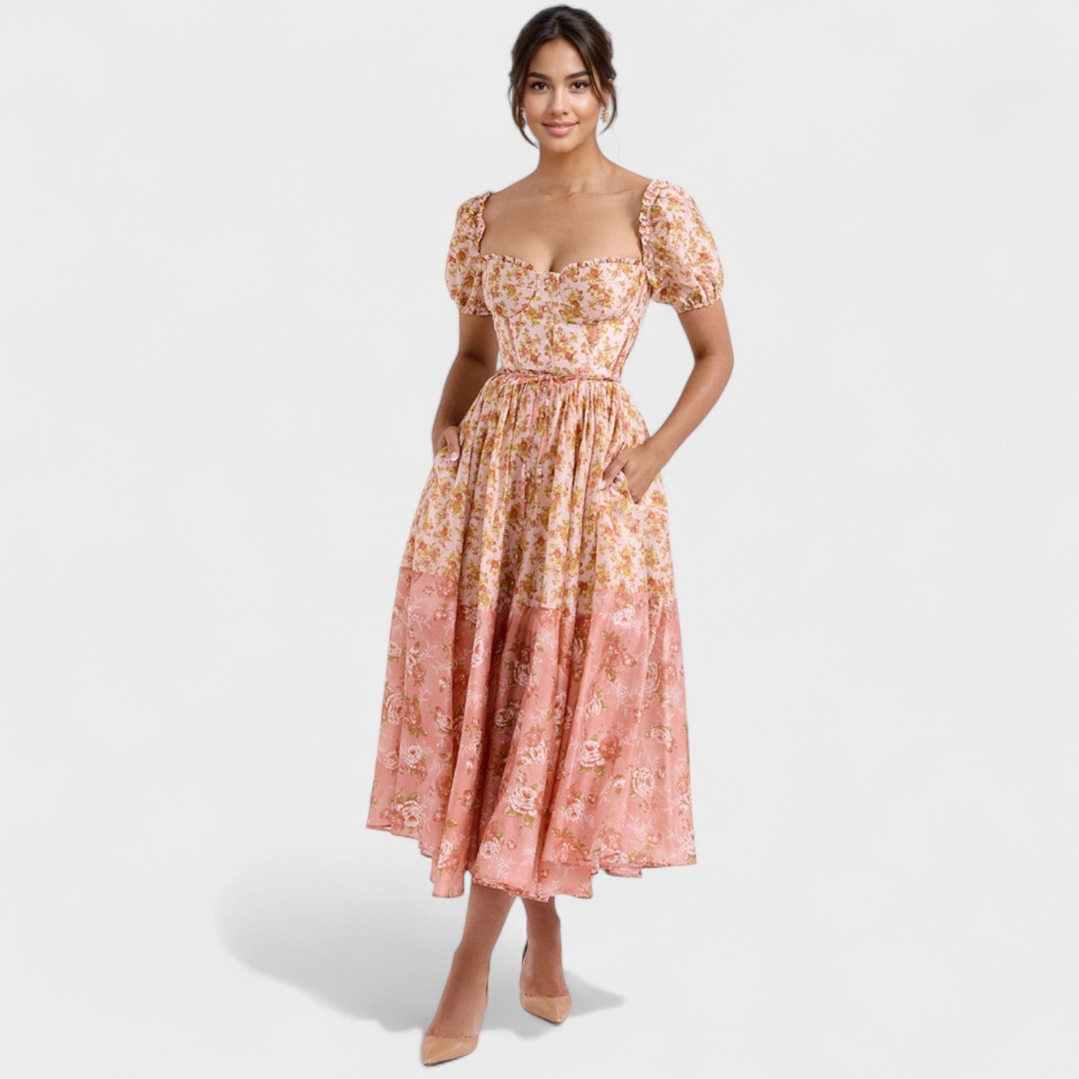 Caitlín - Enchanting Floral Midi Dress - Charlotte & Willow