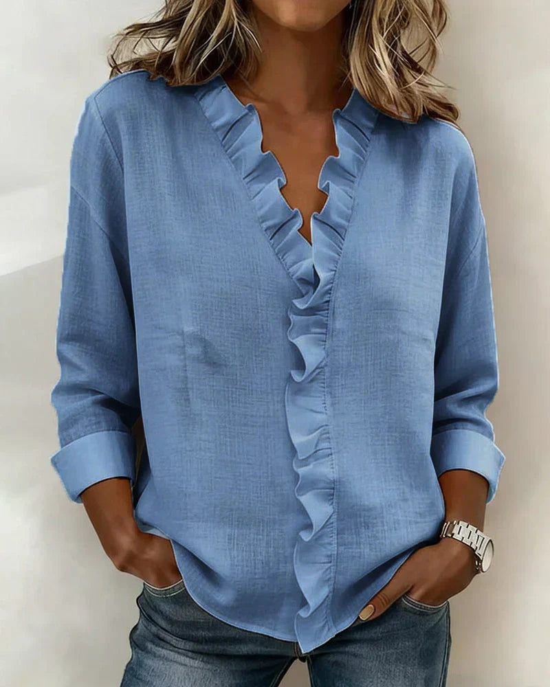 Eleanora | Blouse with Ruffles, V-Neck and Long Sleeves